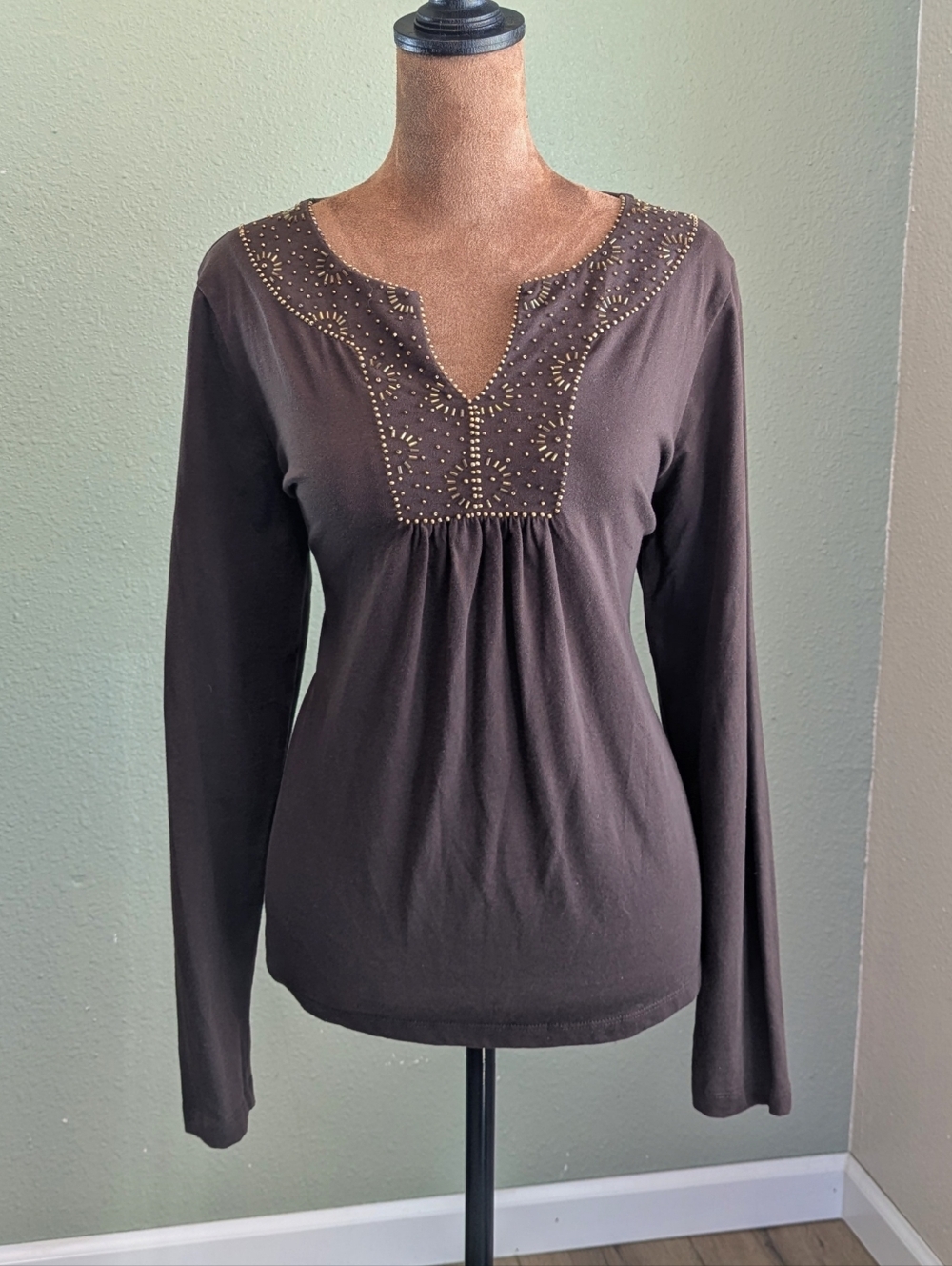 St. John's Bay Brown Long-Sleeve Beaded V-Neck Top